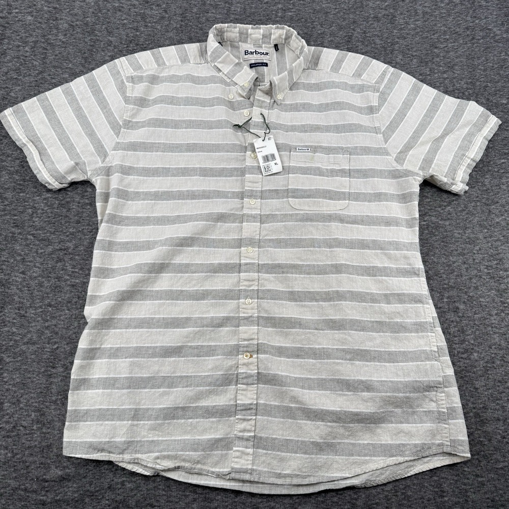 BARBOUR‎ Men's Short Sleeve Button Down Linen Blend Size XL White/Blue